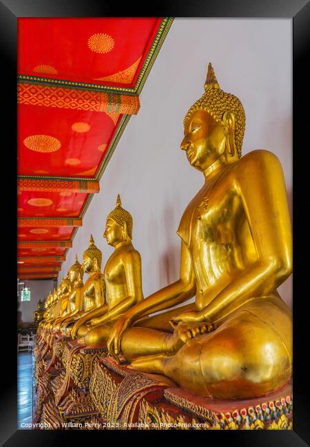 Golden Buddhas Line Phra Rabiang Wat Pho Bangkok Thailand Framed Print by William Perry