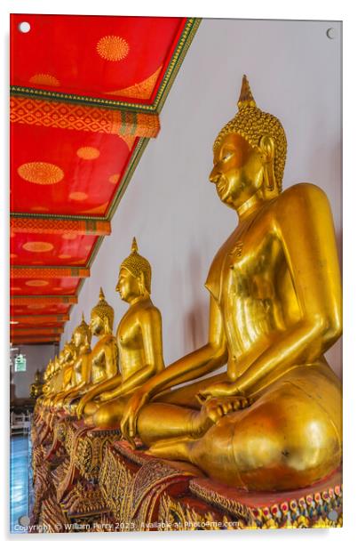 Golden Buddhas Line Phra Rabiang Wat Pho Bangkok Thailand Acrylic by William Perry