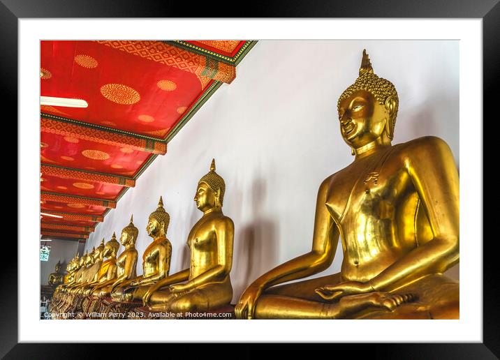 Golden Buddhas Line Phra Rabiang Wat Pho Bangkok Thailand Framed Mounted Print by William Perry