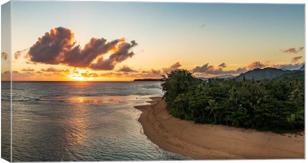 Aerial panorama of sunrise over Tunnels Beach Kauai Hawaii Canvas Print by Steve Heap