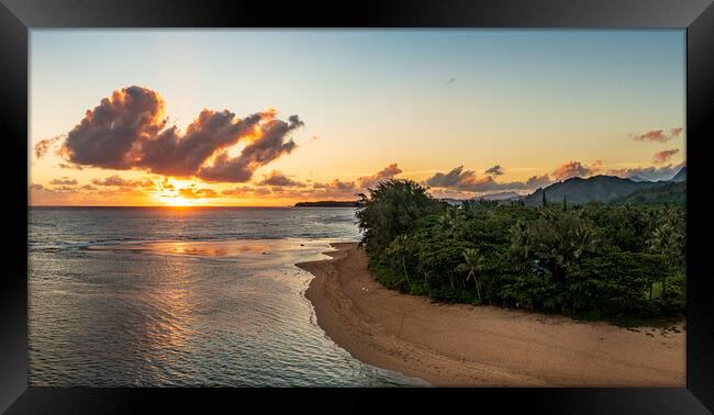 Aerial panorama of sunrise over Tunnels Beach Kauai Hawaii Framed Print by Steve Heap
