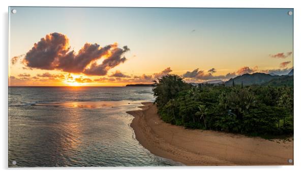 Aerial panorama of sunrise over Tunnels Beach Kauai Hawaii Acrylic by Steve Heap