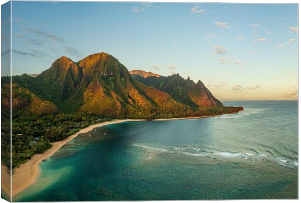 Aerial drone shot of Tunnels Beach at sunrise on Kauai in Hawaii Canvas Print by Steve Heap