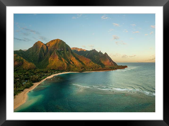 Aerial drone shot of Tunnels Beach at sunrise on Kauai in Hawaii Framed Mounted Print by Steve Heap