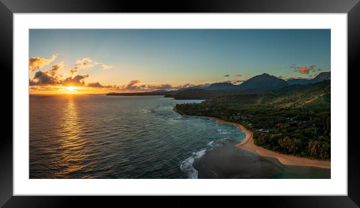 Aerial panorama of sunrise over Tunnels Beach Kauai Hawaii Framed Mounted Print by Steve Heap