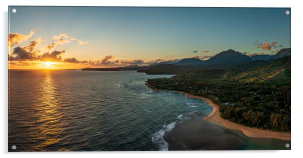 Aerial panorama of sunrise over Tunnels Beach Kauai Hawaii Acrylic by Steve Heap