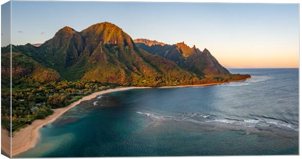 Aerial drone shot of Tunnels Beach at sunrise on Kauai in Hawaii Canvas Print by Steve Heap