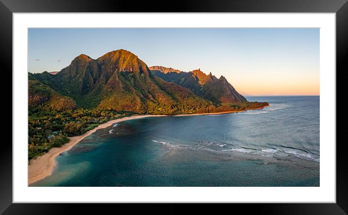 Aerial drone shot of Tunnels Beach at sunrise on Kauai in Hawaii Framed Mounted Print by Steve Heap
