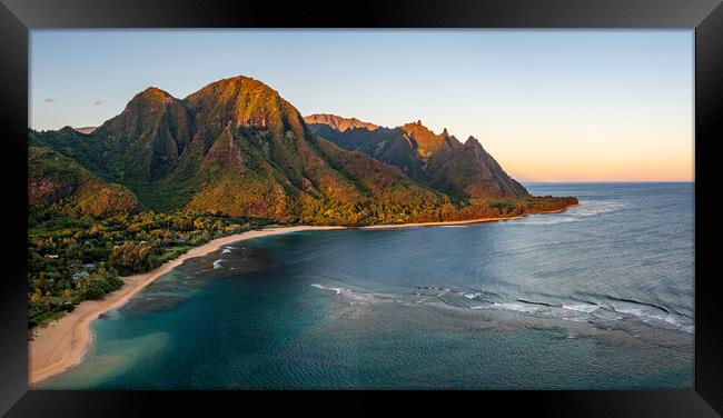 Aerial drone shot of Tunnels Beach at sunrise on Kauai in Hawaii Framed Print by Steve Heap