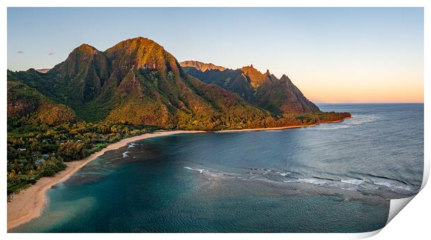 Aerial drone shot of Tunnels Beach at sunrise on Kauai in Hawaii Print by Steve Heap