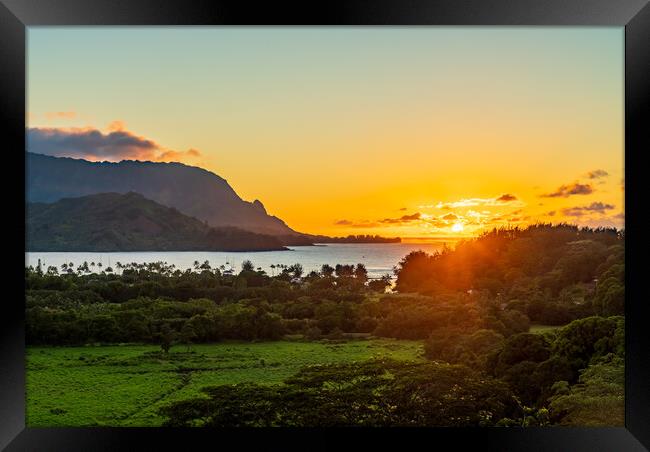 Sunset over Hanalei bay from overlook on the road Framed Print by Steve Heap