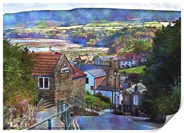 View downhill, Robin Hoods Bay, watercolour effect Print by Paul Boizot