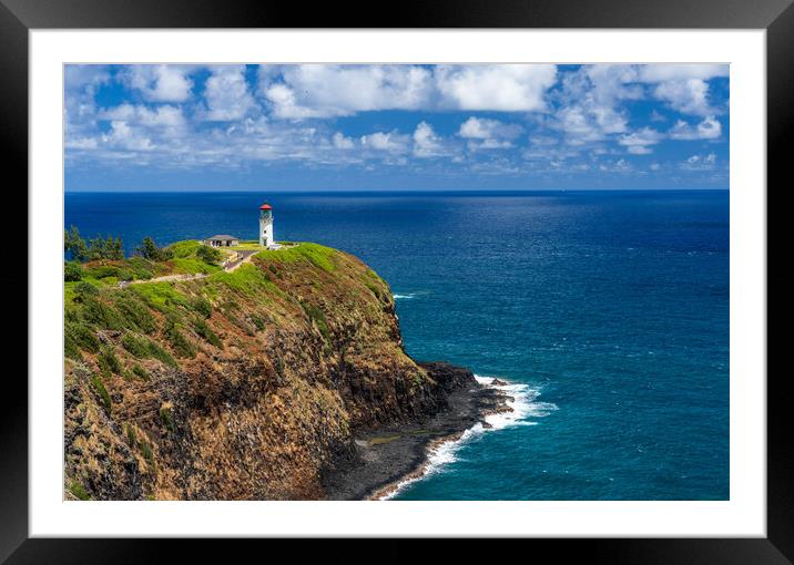 Kilauae lighthouse on headland against blue sky on Kauai Framed Mounted Print by Steve Heap