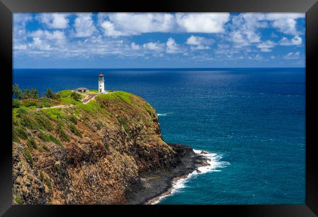 Kilauae lighthouse on headland against blue sky on Kauai Framed Print by Steve Heap