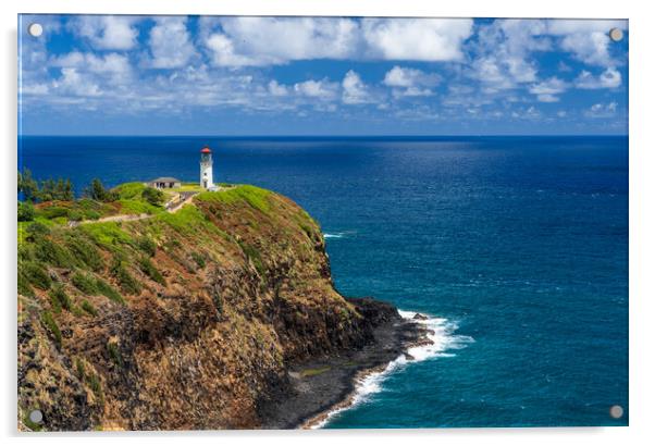 Kilauae lighthouse on headland against blue sky on Kauai Acrylic by Steve Heap