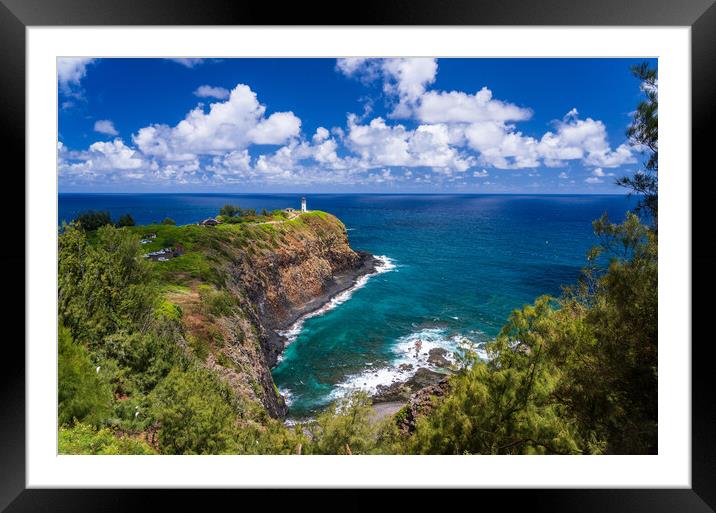 Kilauae lighthouse on headland against blue sky on Kauai Framed Mounted Print by Steve Heap
