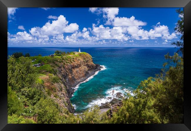 Kilauae lighthouse on headland against blue sky on Kauai Framed Print by Steve Heap