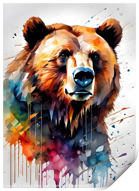 Grizzly with watercolour splashes Print by Darren Wilkes