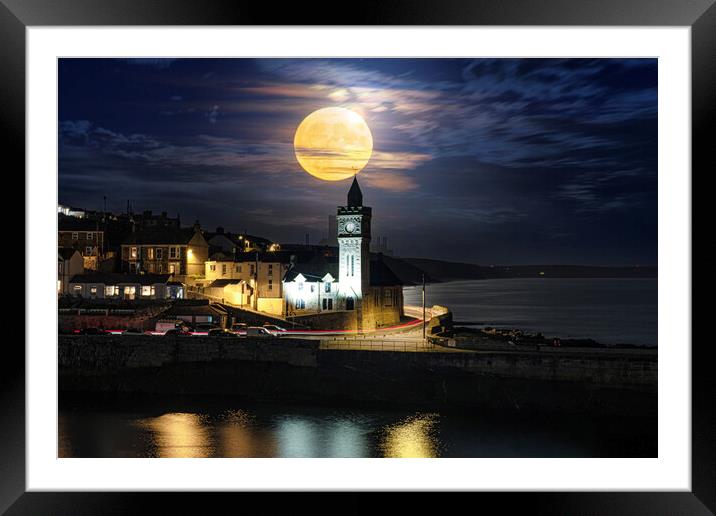 blue moon, Porthleven's Enchanting Blue Moonlight Framed Mounted Print by kathy white