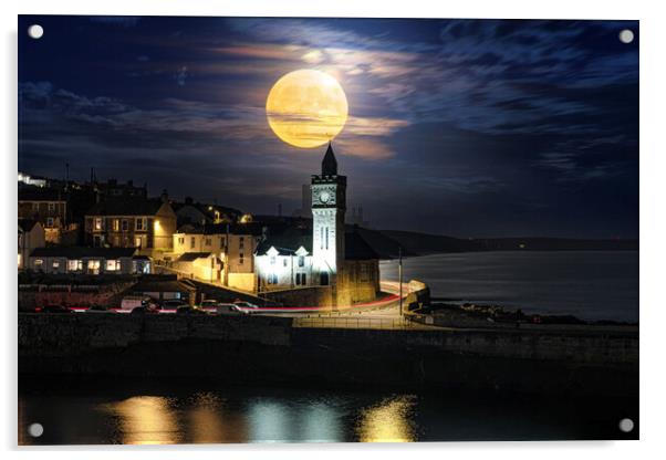 blue moon, Porthleven's Enchanting Blue Moonlight Acrylic by kathy white