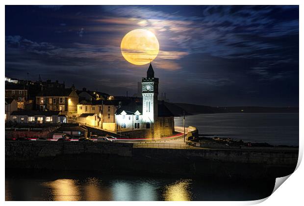 blue moon, Porthleven's Enchanting Blue Moonlight Print by kathy white