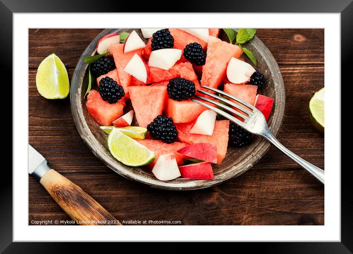 Fruity watermelon salad on a plate. Framed Mounted Print by Mykola Lunov Mykola