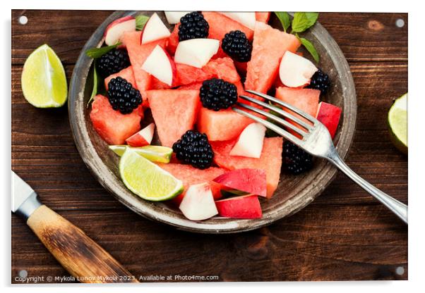 Fruity watermelon salad on a plate. Acrylic by Mykola Lunov Mykola