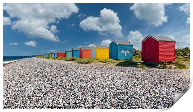Vibrant Beach Huts at Findhorn's Shores Print by Tom McPherson