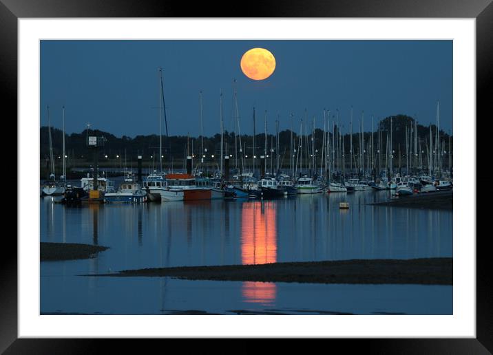 August Blue moon rising over the Brightlingsea moorings  Framed Mounted Print by Tony lopez