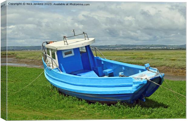 Lovely Blue Boat at Penclawdd Gower in August  Canvas Print by Nick Jenkins