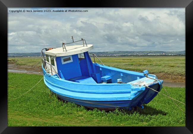 Lovely Blue Boat at Penclawdd Gower in August  Framed Print by Nick Jenkins
