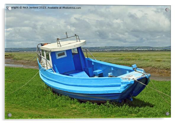 Lovely Blue Boat at Penclawdd Gower in August  Acrylic by Nick Jenkins