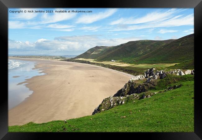 Sweeping View of Rhossilli Beach Gower AONB in August  Framed Print by Nick Jenkins