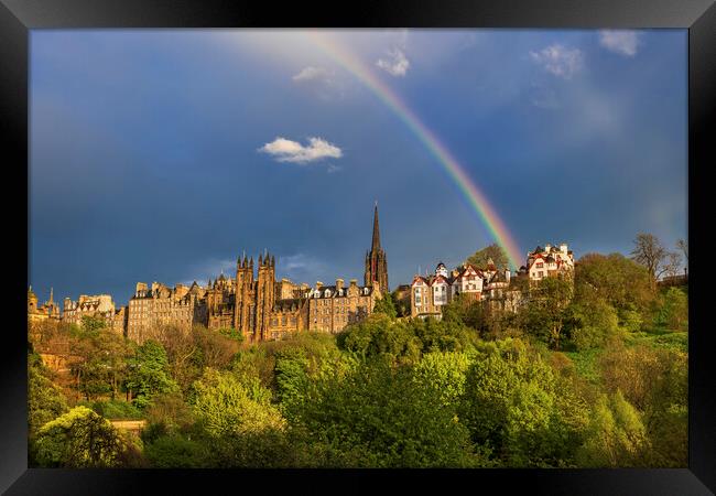 Edinburgh Old Town With Rainbow In The Sky Framed Print by Artur Bogacki