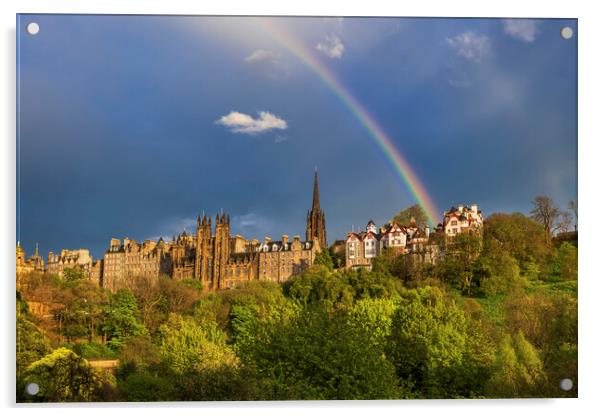 Edinburgh Old Town With Rainbow In The Sky Acrylic by Artur Bogacki