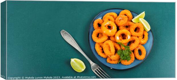 Deep fried squid rings, space for text. Canvas Print by Mykola Lunov Mykola