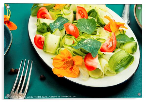 Vegetable salad with nasturtium flowers. Acrylic by Mykola Lunov Mykola
