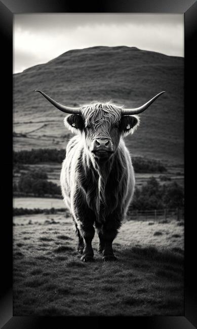 A cow standing on top of a grass covered field Framed Print by Guido Parmiggiani