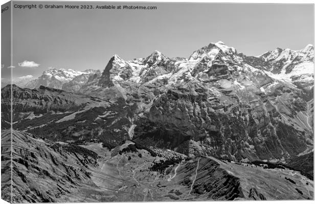 Eiger Monch Jungfrau and Murren from Birg monochrome Canvas Print by Graham Moore