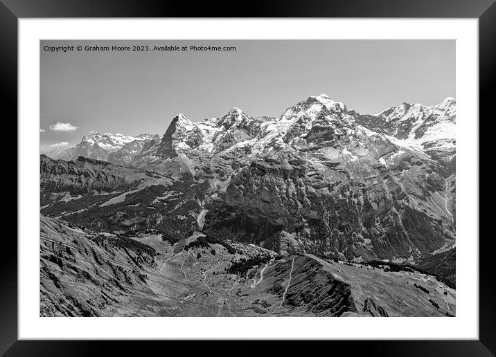 Eiger Monch Jungfrau and Murren from Birg monochrome Framed Mounted Print by Graham Moore