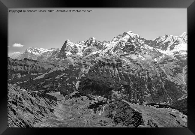 Eiger Monch Jungfrau and Murren from Birg monochrome Framed Print by Graham Moore