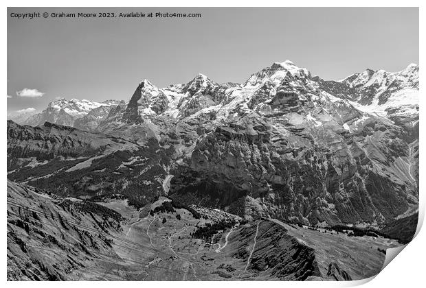 Eiger Monch Jungfrau and Murren from Birg monochrome Print by Graham Moore
