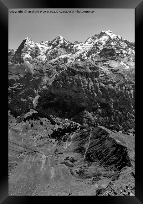 Eiger Monch Jungfrau and Murren from Birg monochrome Framed Print by Graham Moore