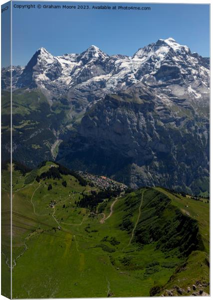 Eiger Monch Jungfrau and Murren from Birg Canvas Print by Graham Moore