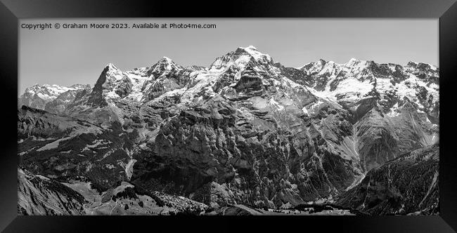 Eiger Monch Jungfrau above Murren monochrome Framed Print by Graham Moore