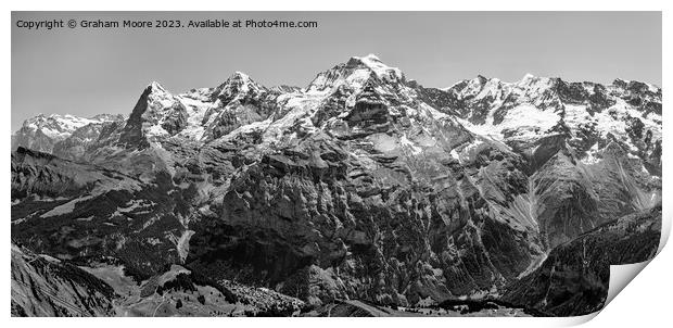 Eiger Monch Jungfrau above Murren monochrome Print by Graham Moore