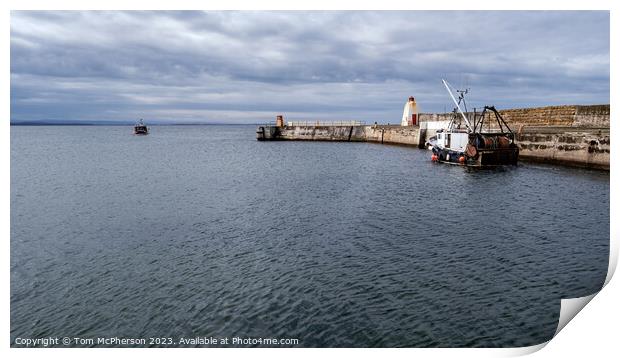Departure from Bustling Burghead Harbour Print by Tom McPherson