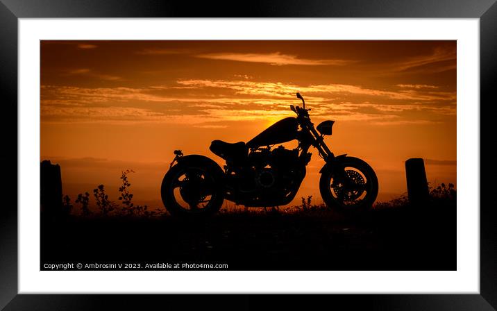 A silhouette of a custom made chopper motorbike against a colourful sunset Framed Mounted Print by Ambrosini V
