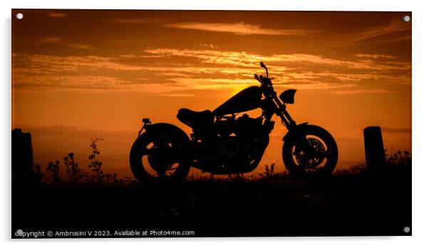 A silhouette of a custom made chopper motorbike against a colourful sunset Acrylic by Ambrosini V