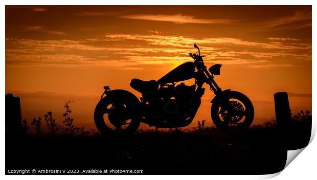 A silhouette of a custom made chopper motorbike against a colourful sunset Print by Ambrosini V